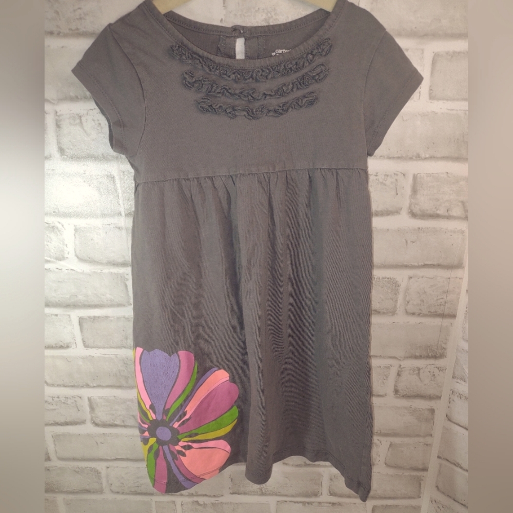 Sz. 5 Gray Kids Dress with Floral Design